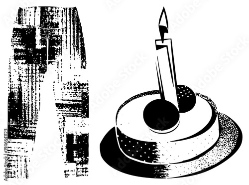 Black and white halftone birthday cake with lit candle, paired with plaid skirt, festive celebration, graphic design, vector art, isolated elements.