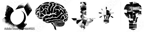 Brain and lightbulb symbols rendered in halftone, conceptual for innovation, thought, and ideas, vector design.