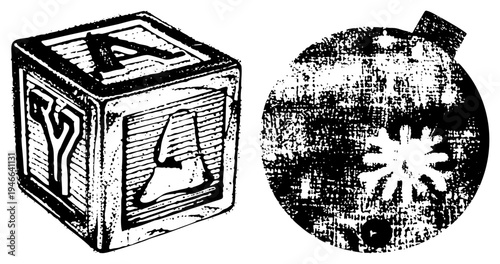 Classic educational toy blocks with embossed letters, child learning tool, wooden alphabet cube, star sphere, retro play item, early literacy aid.