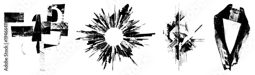 Stylized fragmented forms, halftone, bold strokes, graphic design elements, vector illustrations, isolated shapes, modern art motifs.