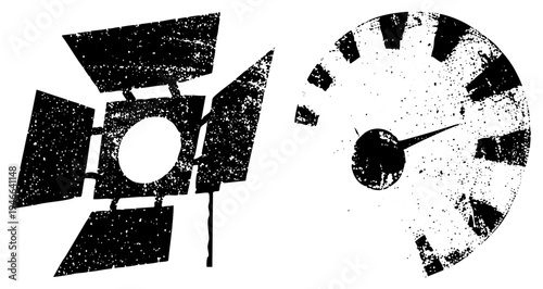 Retro cinema projector with barn doors, film reel silhouette, analog gauge speedometer, distressed texture, vector art, classic film equipment, motion indicator.