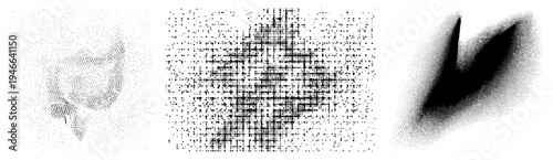 Vector halftone graphics rendered with dot density gradients, minimalist black and white abstract shapes, geometric texture, isolated design elements.