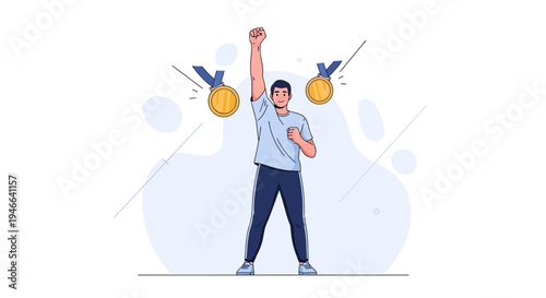 Man celebrating victory with raised fist and gold medals, symbolizing achievement and success