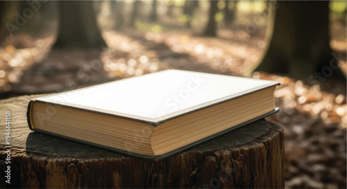 An open book resting on a tree stump in a serene forest setting