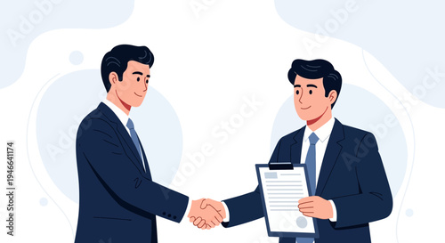 Businessmen shaking hands with contract document, partnership agreement, successful deal