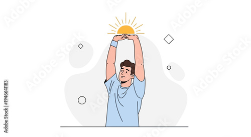 Man stretching arms up to the sun, symbolizing morning, energy, and well-being.