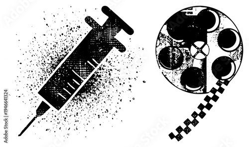 Black and white graphic of syringe and film reel, halftone texture, medical film, isolated vector illustration, cinematic and healthcare symbols.