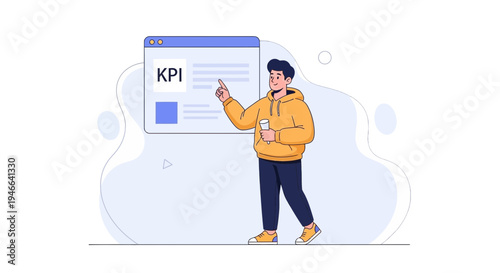 Man presenting KPI dashboard on screen, business analytics concept illustration