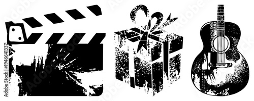 Black and white vector of film clapperboard, wrapped gift, and acoustic guitar with distressed texture, artistic style, creative symbols, isolated elements.