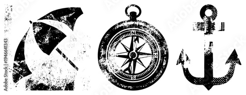 Weathered nautical compass rose, anchor, umbrella rendered in distressed black and white, ideal for maritime or travel themed designs.