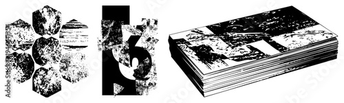 Graphic design featuring hexagonal shapes, fragmented forms, and halftone dots modern vector art, isolated elements, artistic composition.