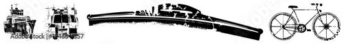 Simplified art of a ship, van, windshield wiper, and bicycle, isolated vector graphics, technical sketches, transportation symbols, mechanical design elements.