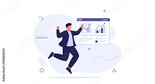 Excited businessman jumping for joy in front of a KPI dashboard showing growth