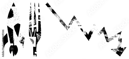 Stylized black shapes with gritty textures, halftone dots, and fragmented, vector graphic, isolated design elements, artistic composition.