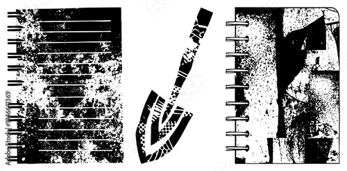 Vintage notebook with spiral binding, pages, distressed texture, ink stained pen, artistic sketchbook, vector art.