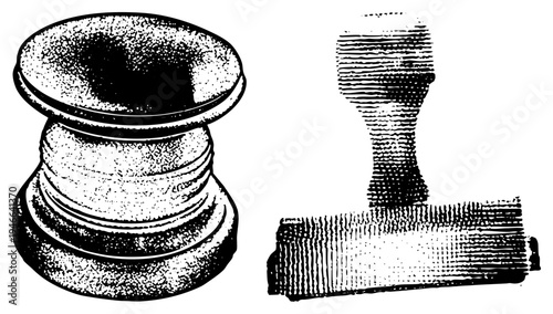 Antique inkwell with textured surface, vintage stamp with ribbed handle, classic stationery tools, retro office supplies, engraved wood design.