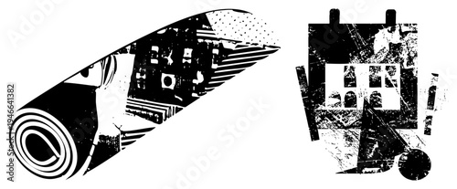 Black and white vector art featuring stylized shapes, halftone, and distressed textures, ideal for modern graphic design, digital art, or print.