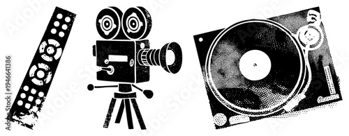 Retro film gear symbols including remote control, movie camera, and vinyl turntable, rendered in halftone vector art, ideal for and entertainment themes.