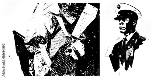 Navy officer in uniform, halftone style, military portrait, naval, officer silhouette, graphic illustration, black and white vector design.