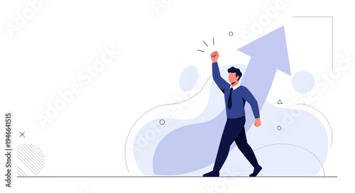 Man celebrating success with upward arrow, symbolizing growth and achievement