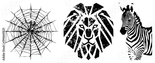 Stylized lion face with angular shapes, intricate spider web, zebra head with stripes, black and white vector graphics, isolated design elements.