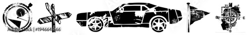 Black and white distressed vector stopwatch, directional sign, classic car, flagpole, compass rose. Graphic design elements for navigation, time, travel, or adventure themes.