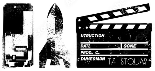 Tech device, space launch vehicle, film production tool, stylized vector, stencil art, creative symbols.