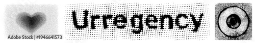 Halftone heart, “Urrergency” text, and concentric circle motif, vector graphic,, pixelated style, isolated elements.