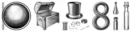 Open wooden treasure chest, top hat, spool of thread,, spectacles, and number eight rendered in halftone engraving, antique illustration, retro design elements.