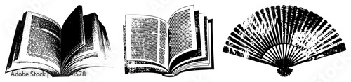 Open book with textured pages and ornate fan, classic vector illustrations, black and white, halftone, vintage design, educational or decorative use.