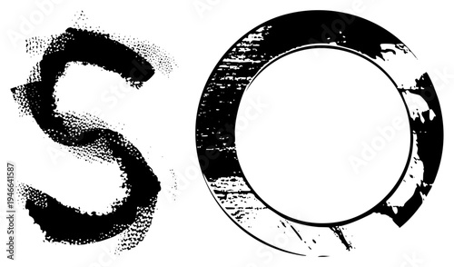 Vector typography letters S and O rendered in gritty halftone, ink stroke style, isolated graphic elements, design assets for branding or logo concepts.