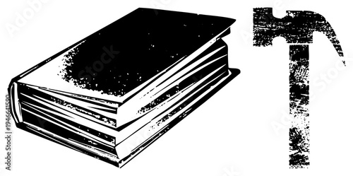 Stack of old books with textured cover, vintage hammer with worn grip, educational tools, DIY workshop, craft supplies, knowledge symbols, black and white vector illustration.
