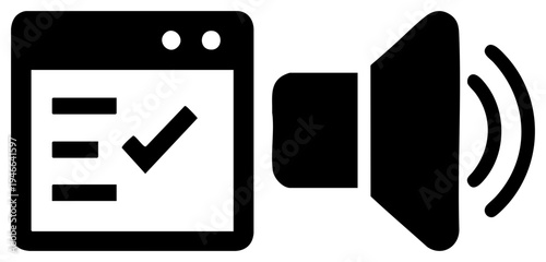 Digital interface showing completed task list with checkmark, paired with output symbol, representing confirmation or notification sound.