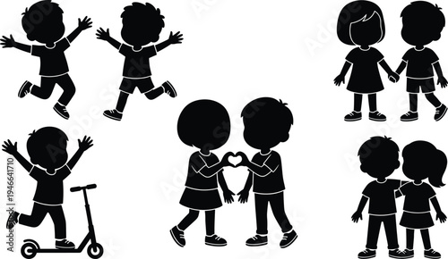 Happy children friendship silhouette set, kids jumping scooter riding holding hands heart gesture black vector isolated illustration collection