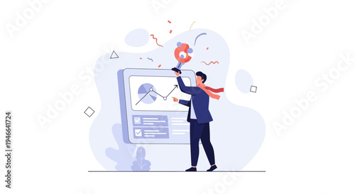 Man celebrating success with trophy and financial chart on screen