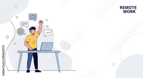 Remote Work Success: Man celebrating with laptop and icons