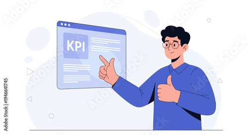 Man points at KPI dashboard, giving thumbs up, business success concept