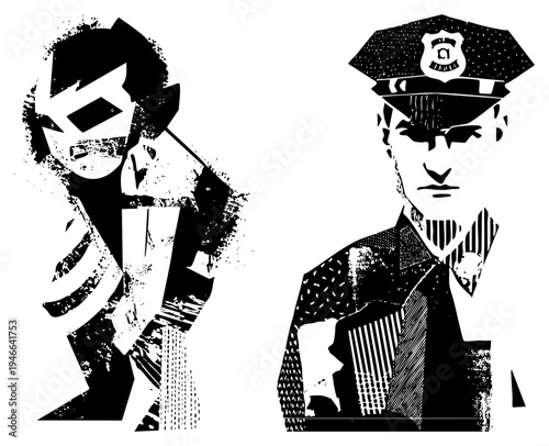 Graphic depiction of and police officer, halftone textures, bold, noir aesthetic, comic book style, urban vigilante and law enforcement.