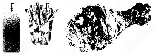 Vectorized fast food items rendered in halftone grit soda, fries, chicken drumstick. Bold graphic shapes, distressed texture,, isolated food.