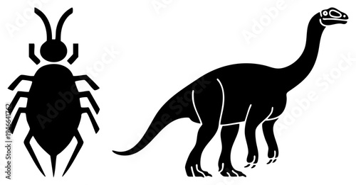 Vector of arachnid and sauropod, minimalist black, isolated graphic elements, paleontology and entomology symbols.
