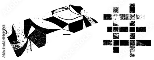 Black and white graphic featuring fragmented angular forms, halftone grain, abstract motion, modern art, vector art, stylized abstraction, graphic design element.