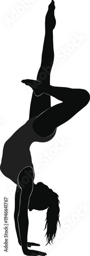 Black silhouette of a female gymnast performing a graceful handstand with legs extended in a flexible pose isolated on a white background.