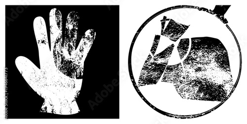 Distressed handprint silhouette and shattered helmet, vector graphics with gritty texture, isolated design elements, stencil style, safety or hazard symbol concept.