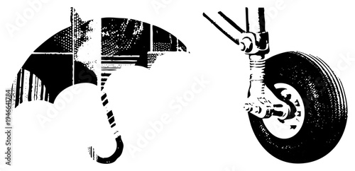 Retro style umbrella with halftone shading and airplane landing gear wheel, both rendered in bold black and white vector art, isolated graphic elements for design use.