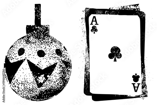 Festive Halloween pumpkin ornament with carved grin, vintage playing card Ace of Clubs, spooky holiday decor, graphic vector art, black and white halftone style.