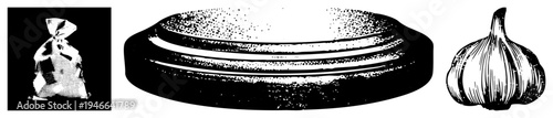 Vintage halftone graphic featuring garlic bulb, flat stone, and drawstring sack, stylized in black and white, isolated elements, vector illustration, engraving texture, graphic design asset.
