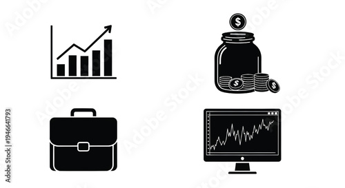 Black icons on a white background depict financial concepts.