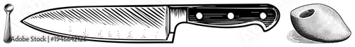 Classic chef’s knife with textured blade, wooden handle, vintage spoon, olive stone, halftone engraving, culinary tools, black and white vector.