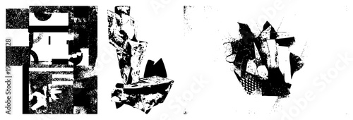Fragmented black and white shapes arranged abstractly, halftone texture, graphic design elements, modern art composition, digital vector illustration.