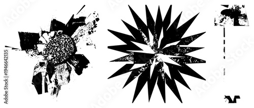 Bold graphic explosion with starburst shapes, halftone texture, vector art, isolated design elements, high contrast black and white, stylized burst.